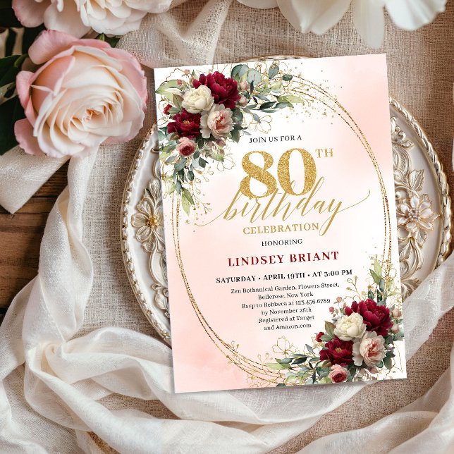 Convites Timeless Floral Gold 80th Birthday Celebration  (Timeless Floral Gold 80th Birthday Celebration Invite)