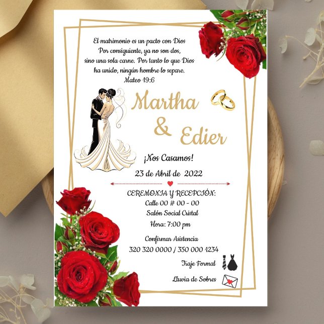 Convites Timeless Love Red Elegance Wedding Invitation  (Classic Red Roses & Gold Religious Wedding Invite. Elegant, traditional and fully customizable)