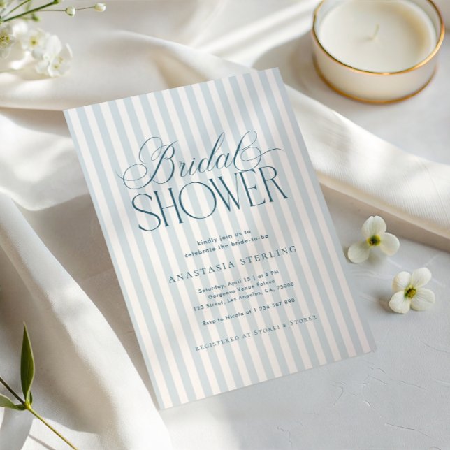 Convites Timeless Luxe Script Blue Stripes Bridal Shower (Criador carregado)