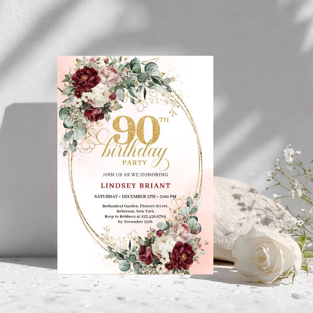 Convites Timeless Maroon Floral Eucalyptus 90th Birthday  (Timeless Maroon Floral Eucalyptus 90th Birthday Invite)