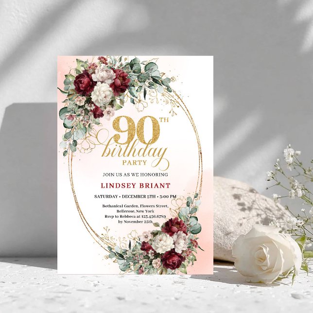 Convites Timeless Maroon Peonies Eucalyptus 90th Birthday (Timeless Maroon Peonies Eucalyptus 90th Birthday)