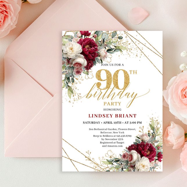 Convites Timeless Marsala Floral Gold 90th Birthday Invite (Timeless Marsala Floral Gold 90th Birthday Invite)