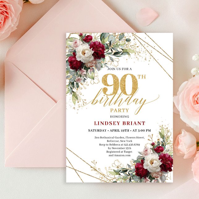 Convites Timeless Merlot Floral Gold 90th Birthday Invite (Timeless Merlot Floral Gold 90th Birthday Invitation)
