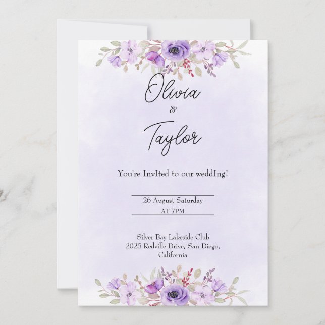 Convites Timeless Purple Minimalist Floral Wedding  (Frente)