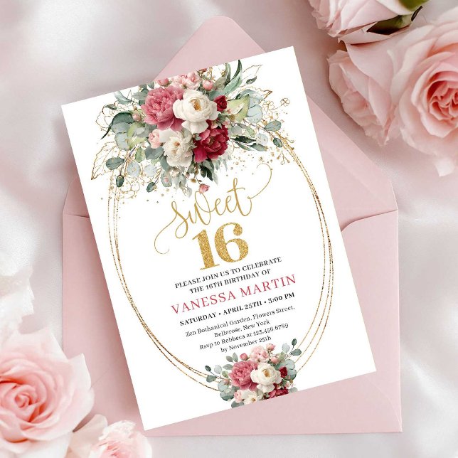Convites Timeless Red Burgundy Gold Floral Sweet 16 Invite (Timeless Red Burgundy Gold Floral Sweet 16 Invitation)