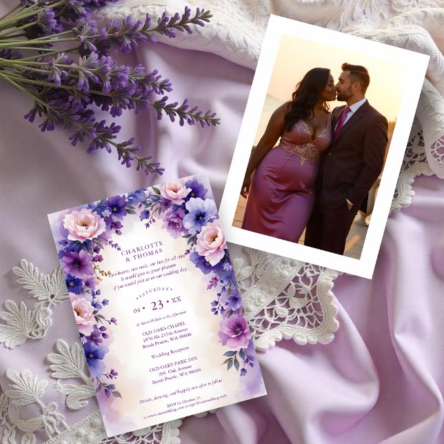 Convites Timeless Romantic Purple Shades Flowers Arch Photo (Timeless Romantic Purple Shades Flowers & Branches Arch with Photo in the Back Wedding Invitations)