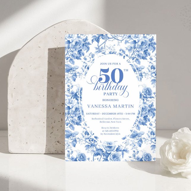 Convites Timeless Royal Blue Toile de Jouy 50th Birthday  (Timeless Royal Blue Toile de Jouy 50th Birthday Invite)