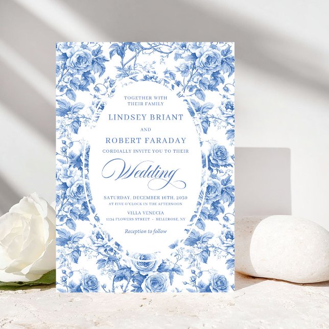 Convites Timeless Royal Blue Toile de Jouy Wedding Invite (Timeless Royal Blue Toile de Jouy Wedding Invitation)