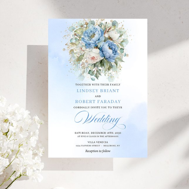 Convites Timeless Rustic Pastel Blue Peony Gold Wedding (Timeless Rustic Pastel Blue Peony Gold Wedding Invitation)