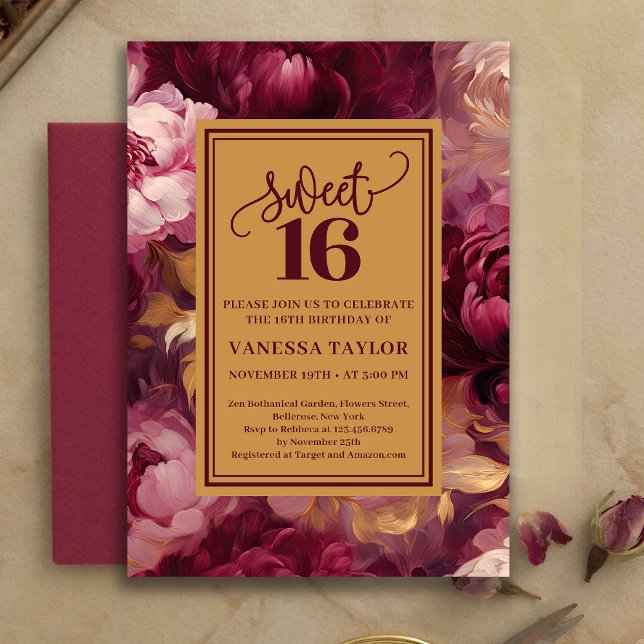 Convites Timeless Sweet 16 Burgundy Roses Gold Invitation (Timeless Sweet 16 Burgundy Roses Gold Invitation)