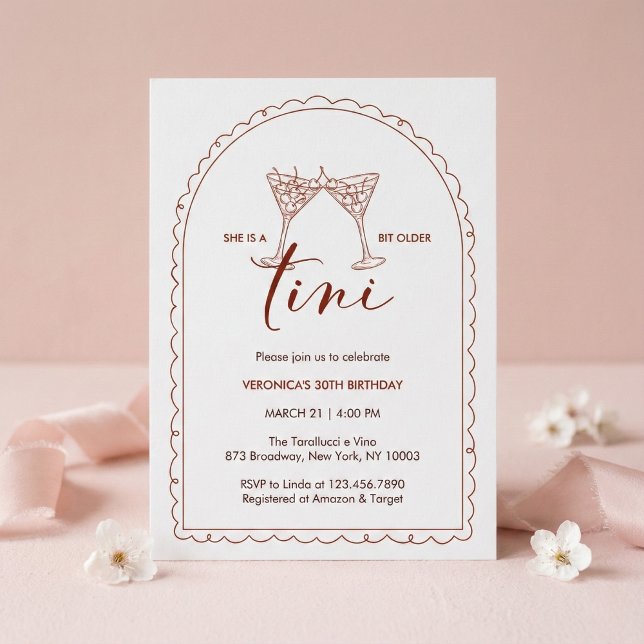 Convites Tini Bit Older Cherry Martini Birthday Party (A Tini Bit Older Cherry Martini Arch • Terracotta Line Art birthday party)