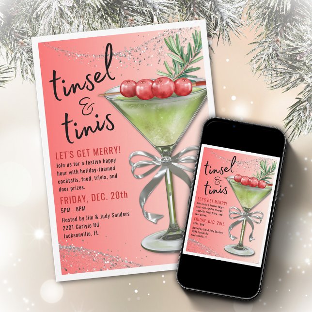 Convites Tinsel & Tinis Holiday Party Invitation (Criador carregado)