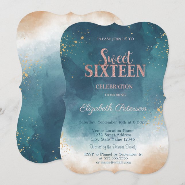 Convites Tinta Aguarela Splash Glitter Sweet 16 (Frente/Verso)