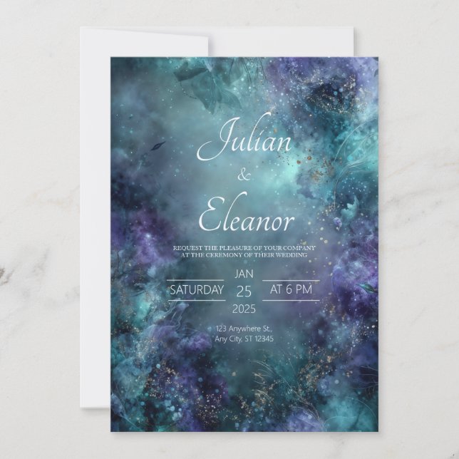 Convites Tinta Alcoólica Mística Teal Roxo Dourado Casament (Frente)
