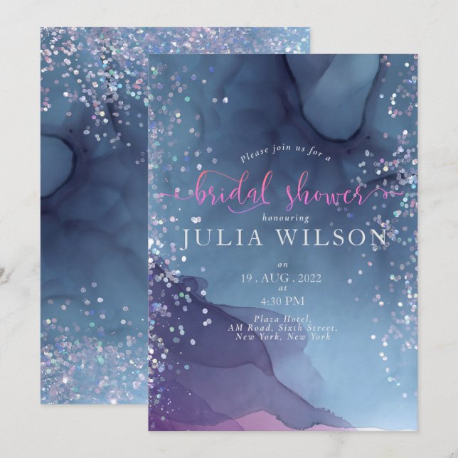 Convites Tinta azul e púrpura de álcool com mística brilhan (Frente/Verso)