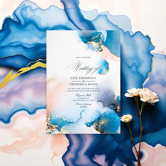Convites Tinta Azul Elegante e Álcool Dourado com Destaques (Elegant Blue and Gold Alcohol Ink with Blush Accents Invitation)
