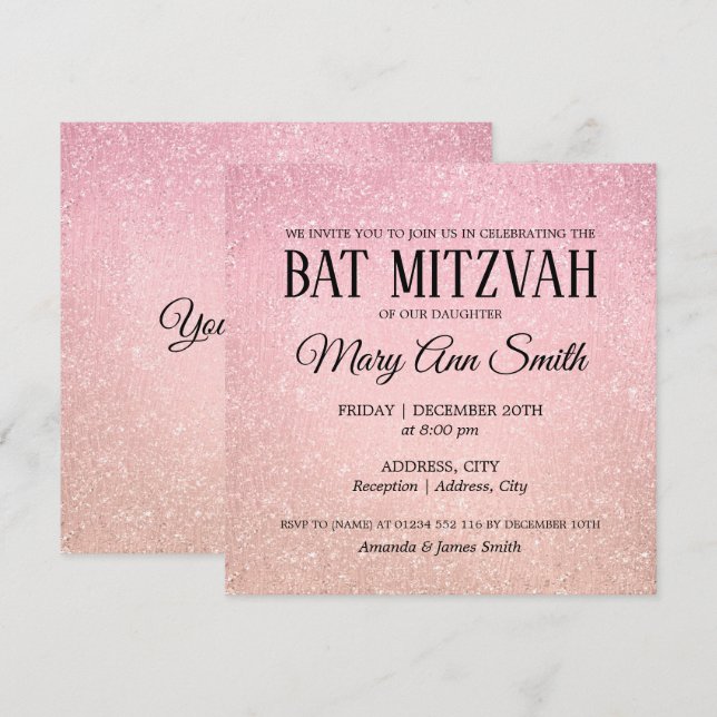 Convites Tinta Cintilante De Bat Rosa Mitzvah Faux Faux (Frente/Verso)