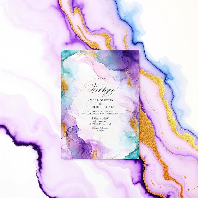 Convites Tinta de álcool luxo e azul com acentos Dourados (Luxe Purple and Blue Alcohol Ink with Gold Accents Invitation)
