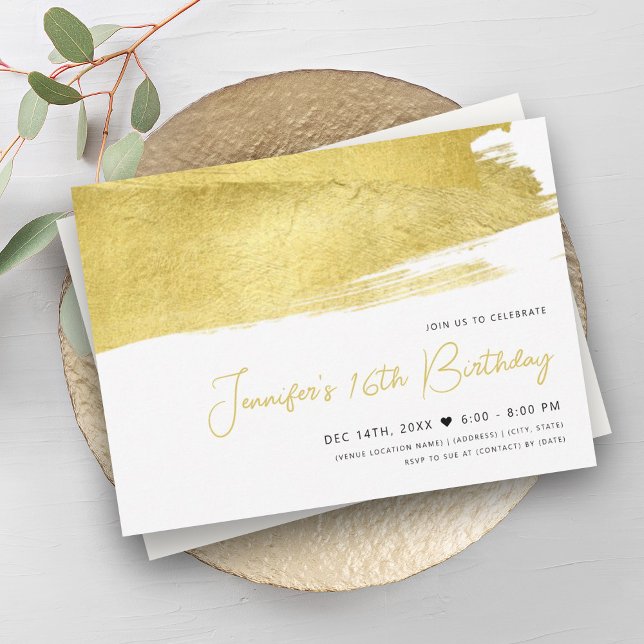 Convites Tinta de Foil Dourada Moderna Doce Doce 16 (Modern Gold Faux Foil Paint Sweet 16 Invitation)