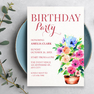 Convites Tinta de vaso floral de aniversário