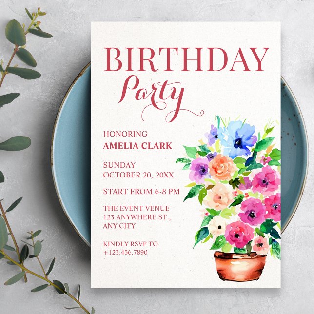Convites Tinta de vaso floral de aniversário  (Criador carregado)