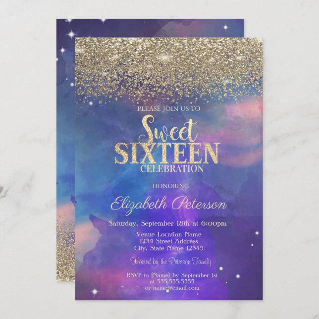 Convites Tinta Dourada moderna - Splash Doce 16 (Frente/Verso)