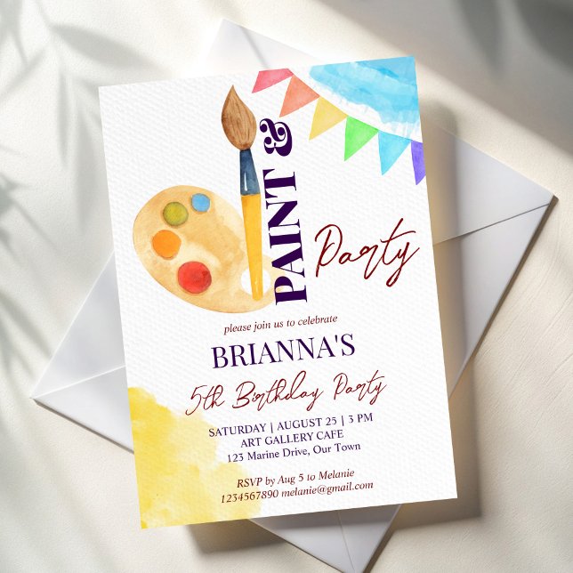 Convites Tinta e arte em festa modelo (Paint and party art themed birthday party invitation template instant download colorful pallet brush)