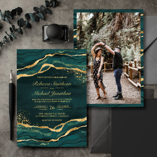 Convites Tinta Fluida Dourada Turquesa Foto Casamento