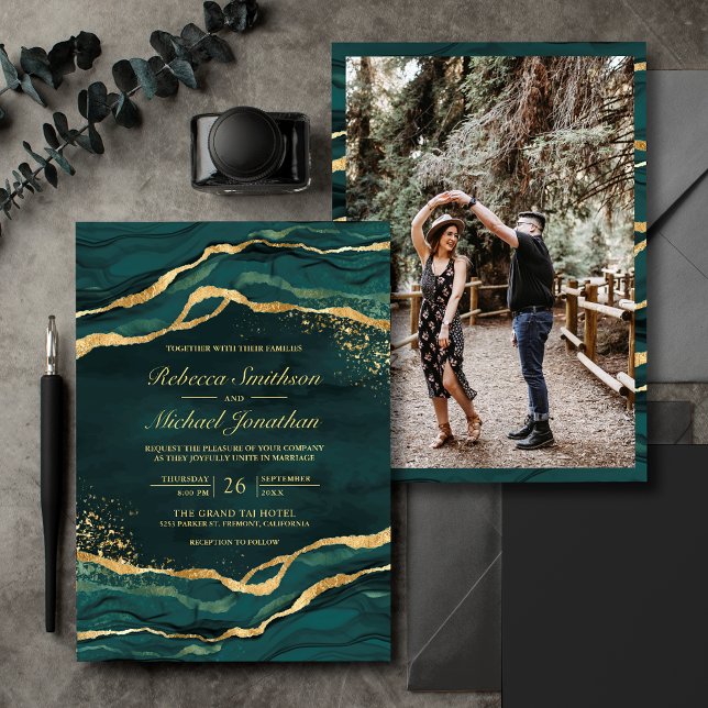 Convites Tinta Fluida Dourada Turquesa Foto Casamento (Criador carregado)