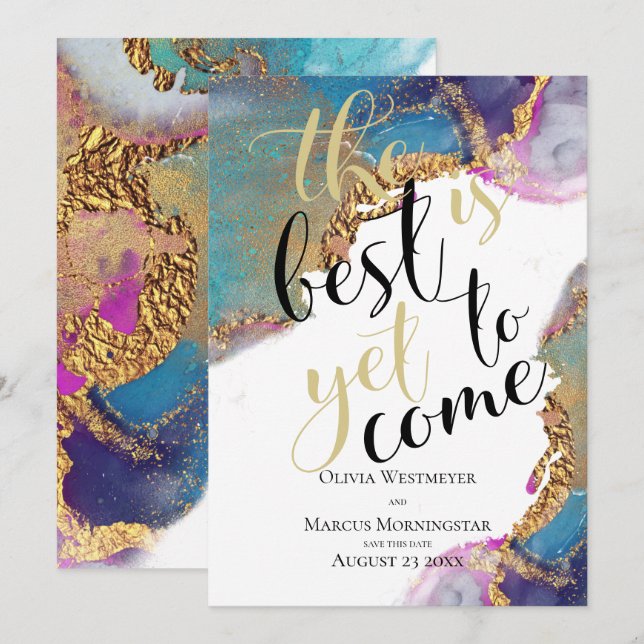 Convites Tinta magenta com abstrato marmoreado Azul Salve a (Frente/Verso)