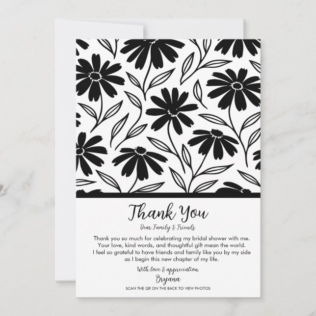 Convites Tinta Preta Daisies Boho Agradecimento Chá de Noiv (Frente)