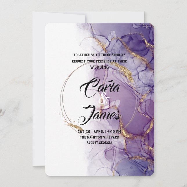 Convites tinta roxa moderna Casamento elegante de Watercolo (Frente)