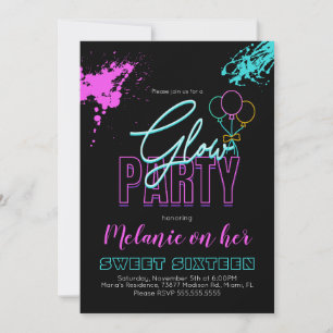 Convites Tinta Salpicada Sweet 16 Neon Brilho no Escuro