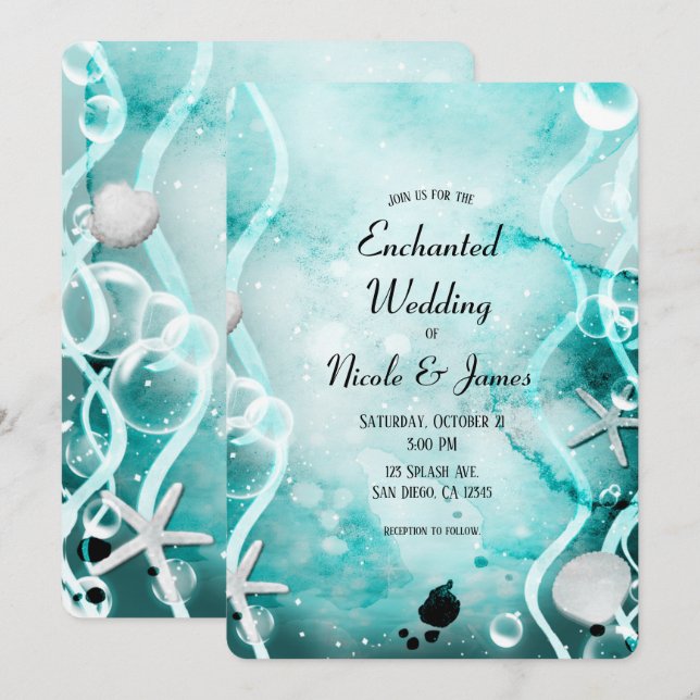 Convites Tinta Splash Teal Aquarela Casamento Submarino (Frente/Verso)