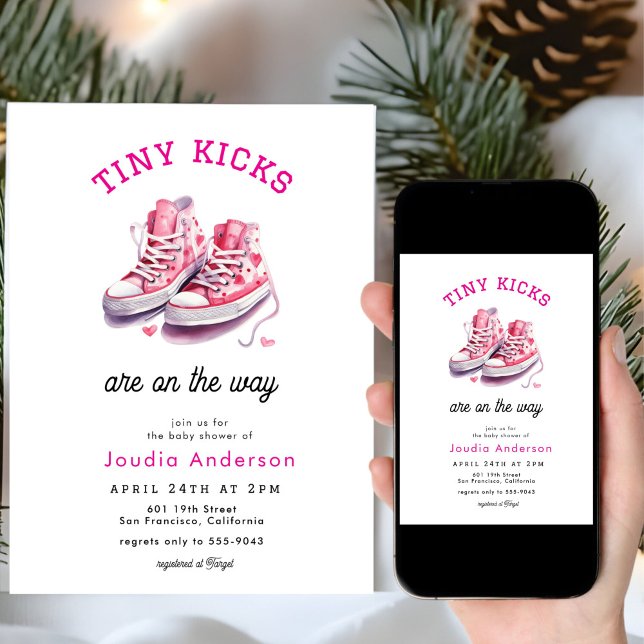 Convites Tiny Kicks Sneakers Sports Pink Baby Shower  (Criador carregado)