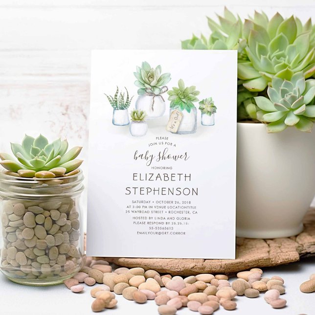 Convites Tiny Succulents Mason Jars Chá de fraldas Russo (Succulents Mason Jars Cute Rustic Baby Shower Invitations)