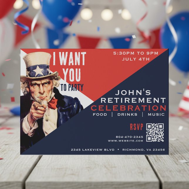 Convites Tio Sam eu quero sua festa de aposentadoria (Uncle Sam I Want You Retirement Party Invitation
)