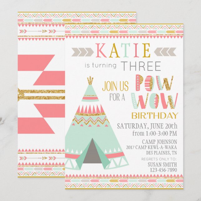 Convites Tipi Native American Indian Pow Wow Birthday (Frente/Verso)