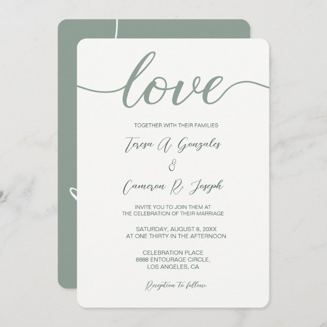 Convites Típica de Casamento de Script de Amor, Sage Green (Frente/Verso)