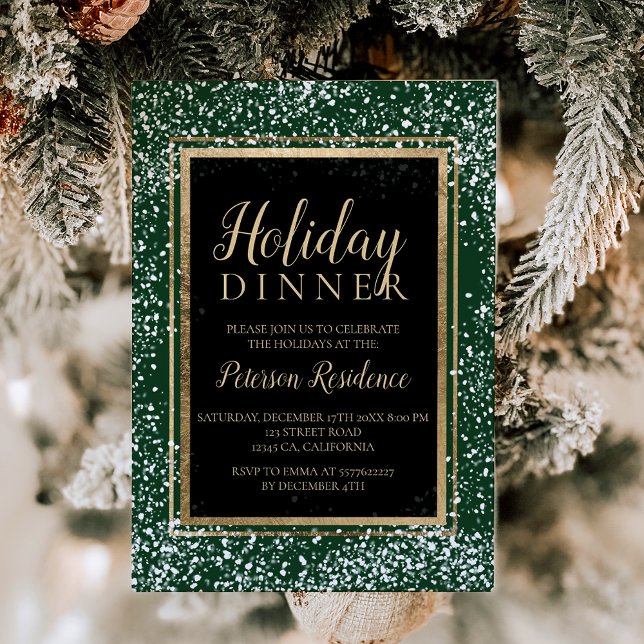 Convites Típica de ouro em forma verde para festas de neve (Chic gold typography snow holiday party green invitation)