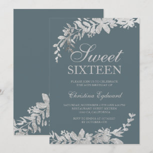 Convites Típica de prata chic azul empoeirado floral Sweet