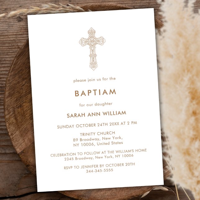 Convites Típica Dourada minimalista moderna cruz batismo (Modern Minimalist Gold Typography Cross Baptism Invitation)