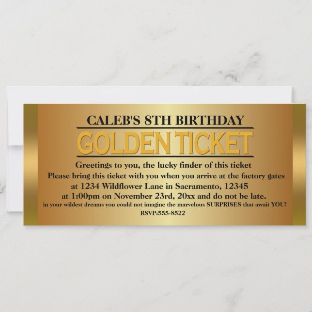 Convites TIPO DE BILHETE DORADO Invitación a Cumpleaños (Frente)