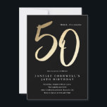 Convites Tipo Dourado Mínimo Moderno 50º Aniversário<br><div class="desc">O moderno minimalista 50º convite de aniversário apresenta o script manuscrito 50 de na moda faux gold foil number e os detalhes do seu partido em serif clássico na cor preta de fundo, simples e elegante, convite para adultos para macho e marco de surpresa do excelente para homens e mulheres....</div>