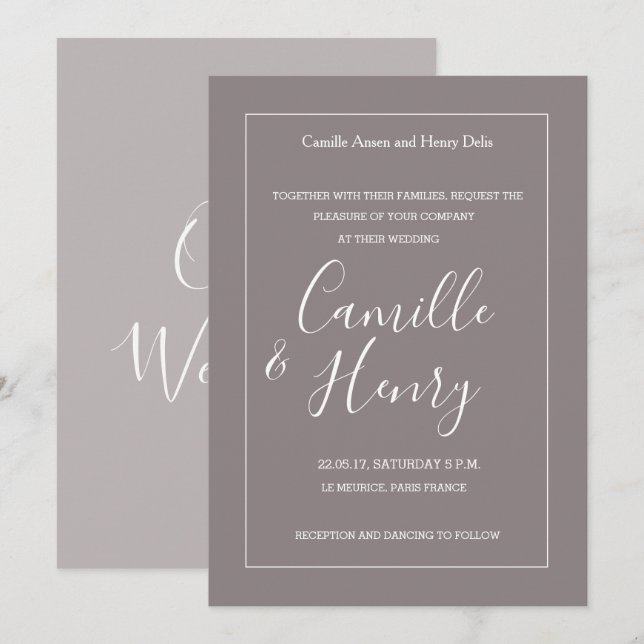Convites Tipo elegante cinza esticada quadro branco casamen (Frente/Verso)