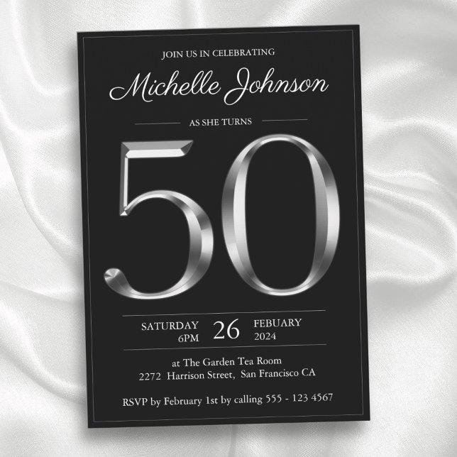 Convites Tipografia Black and Silver 50º Aniversário (Black and Silver Typography 50th Birthday Invitation)
