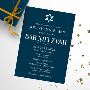 Convites Tipografia Branca Moderna Sobre Bar Mitzvah Azul