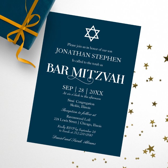 Convites Tipografia Branca Moderna Sobre Bar Mitzvah Azul (Criador carregado)