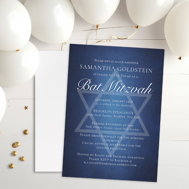 Convites Tipografia Branco Azul Moderna Bat Formal Mitzvah (Criador carregado)