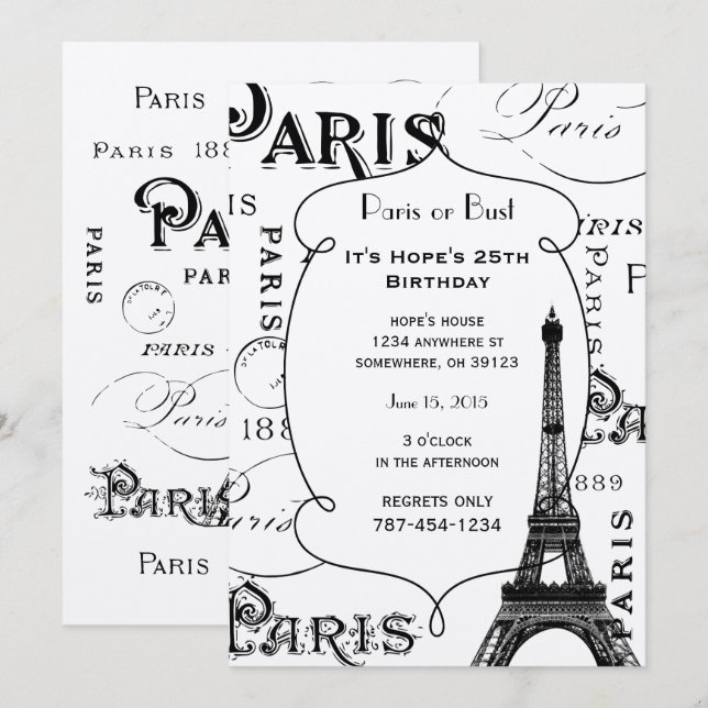 Convites Tipografia Calliografia Paris França Torre Eiffel (Frente/Verso)